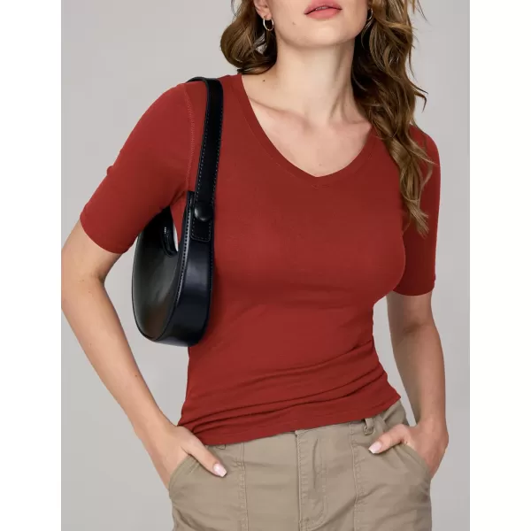 Amoretu Womens V Neck T Shirts Slim Fitted Half Sleeve Tops Basic TeesRust Red