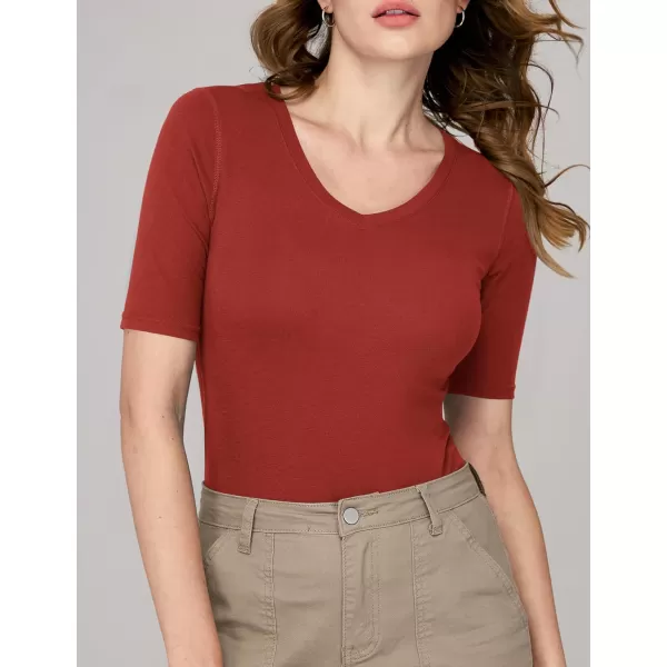 Amoretu Womens V Neck T Shirts Slim Fitted Half Sleeve Tops Basic TeesRust Red