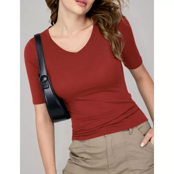 Amoretu Womens V Neck T Shirts Slim Fitted Half Sleeve Tops Basic TeesRust Red
