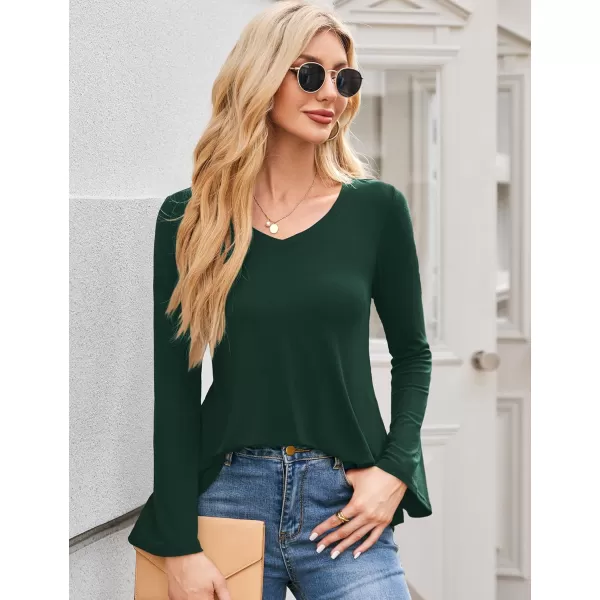Amoretu Womens V Neck Tshirts Bell Long Sleeve Shirts Swing Tunic TopsDark Green