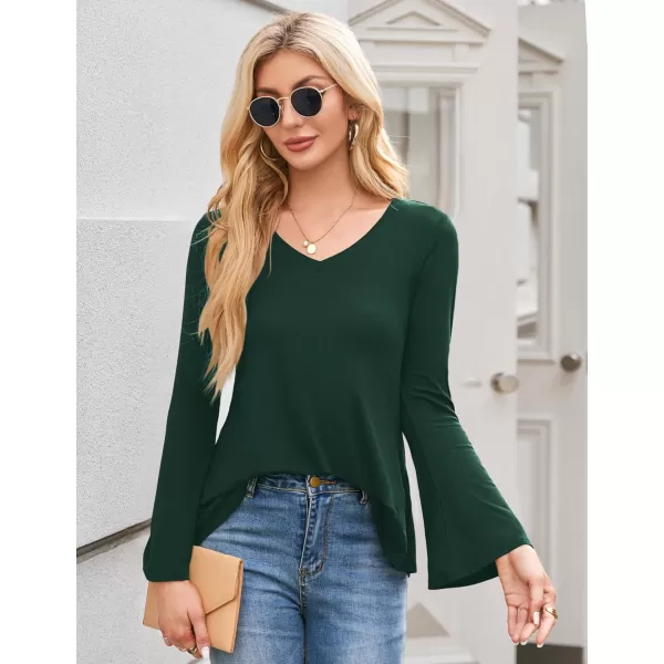 Amoretu Womens V Neck Tshirts Bell Long Sleeve Shirts Swing Tunic TopsDark Green