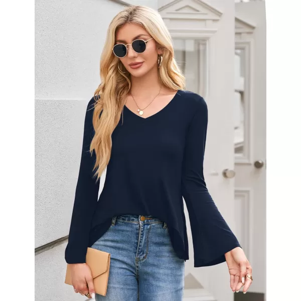 Amoretu Womens V Neck Tshirts Bell Long Sleeve Shirts Swing Tunic TopsNavy Blue