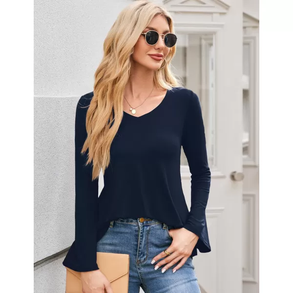 Amoretu Womens V Neck Tshirts Bell Long Sleeve Shirts Swing Tunic TopsNavy Blue