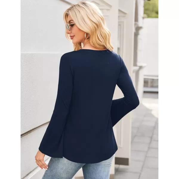 Amoretu Womens V Neck Tshirts Bell Long Sleeve Shirts Swing Tunic TopsNavy Blue