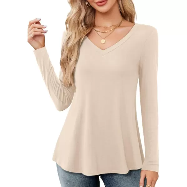 Amoretu Long Sleeve Swing Shirts for Women V Neck T Shirts Loose Fit Tops CasualApricot