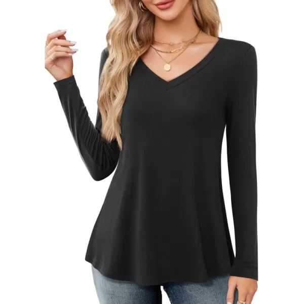 Amoretu Long Sleeve Swing Shirts for Women V Neck T Shirts Loose Fit Tops CasualBlack