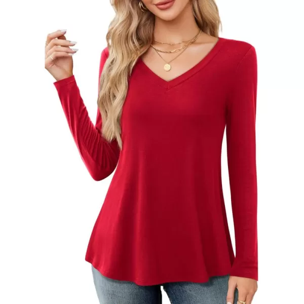 Amoretu Long Sleeve Swing Shirts for Women V Neck T Shirts Loose Fit Tops CasualBurgundy