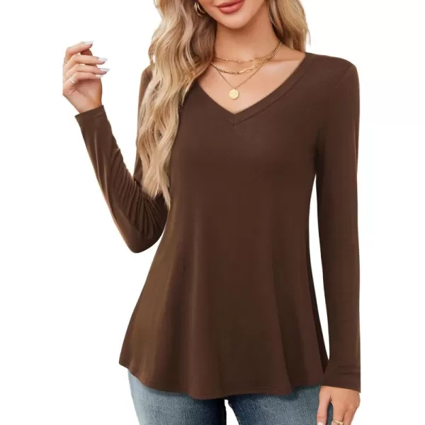 Amoretu Long Sleeve Swing Shirts for Women V Neck T Shirts Loose Fit Tops CasualCoffee