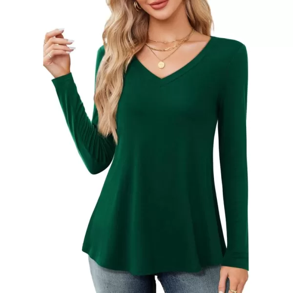 Amoretu Long Sleeve Swing Shirts for Women V Neck T Shirts Loose Fit Tops CasualDark Green