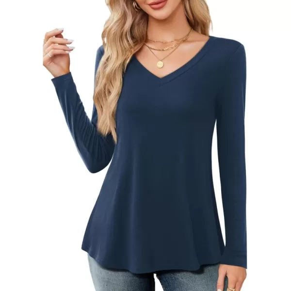 Amoretu Long Sleeve Swing Shirts for Women V Neck T Shirts Loose Fit Tops CasualNavy Blue