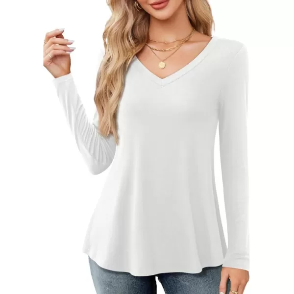 Amoretu Long Sleeve Swing Shirts for Women V Neck T Shirts Loose Fit Tops CasualWhite