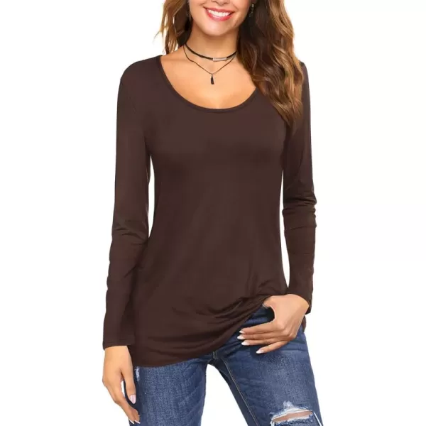 Amoretu Tops for Women Basic Long Sleeve T Shirts Plain Casual Loose Fit Round Neck Tee for Fall ClothingBrown