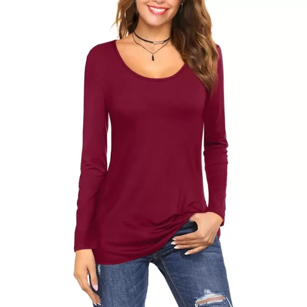 Amoretu Tops for Women Basic Long Sleeve T Shirts Plain Casual Loose Fit Round Neck Tee for Fall ClothingBurgundy