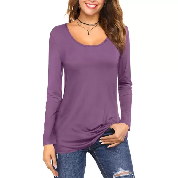 Amoretu Tops for Women Basic Long Sleeve T Shirts Plain Casual Loose Fit Round Neck Tee for Fall ClothingLight Purple