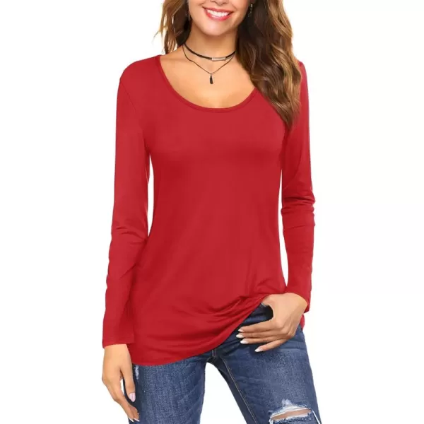 Amoretu Tops for Women Basic Long Sleeve T Shirts Plain Casual Loose Fit Round Neck Tee for Fall ClothingRed