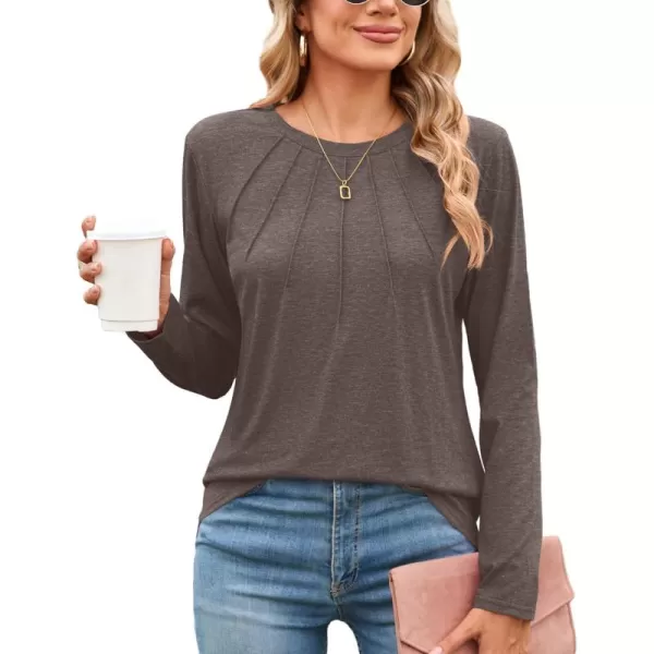 Amoretu Womens Long Sleeve Shirt Crewneck T Shirts Pleated Casual Fall Tops Loose FitCoffee