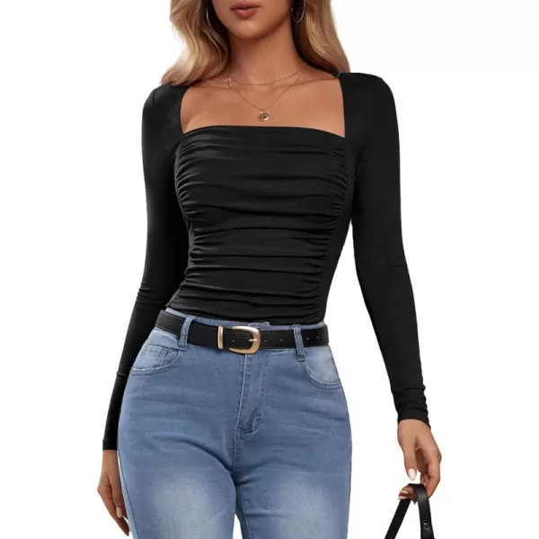 Amoretu Womens Sexy Long Sleeve Tops Ruched Square Neck ShirtsBlack
