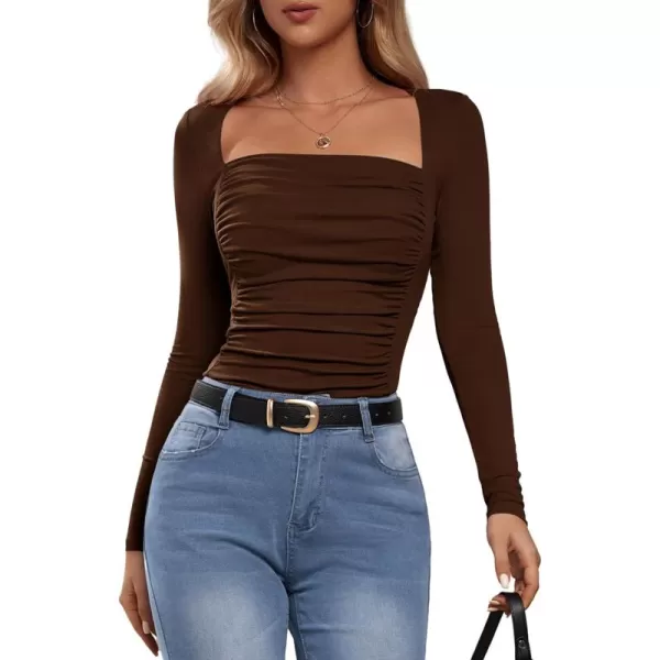 Amoretu Womens Sexy Long Sleeve Tops Ruched Square Neck ShirtsCoffee