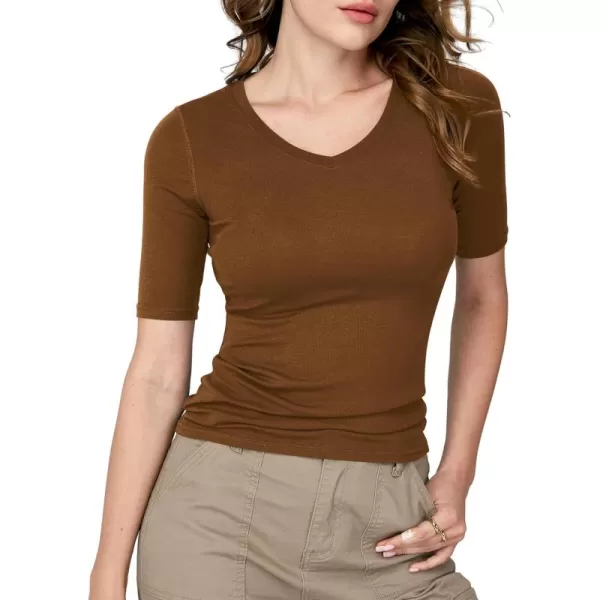 Amoretu Womens V Neck T Shirts Slim Fitted Half Sleeve Tops Basic TeesBrown