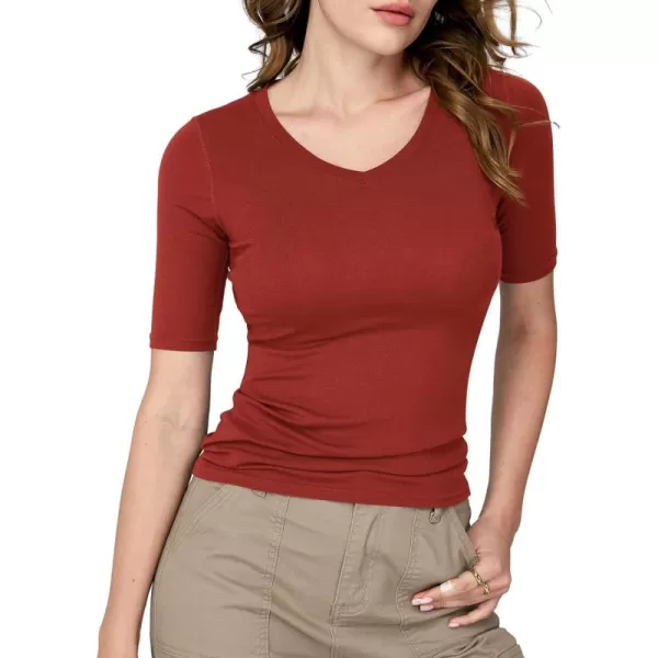 Amoretu Womens V Neck T Shirts Slim Fitted Half Sleeve Tops Basic TeesRust Red