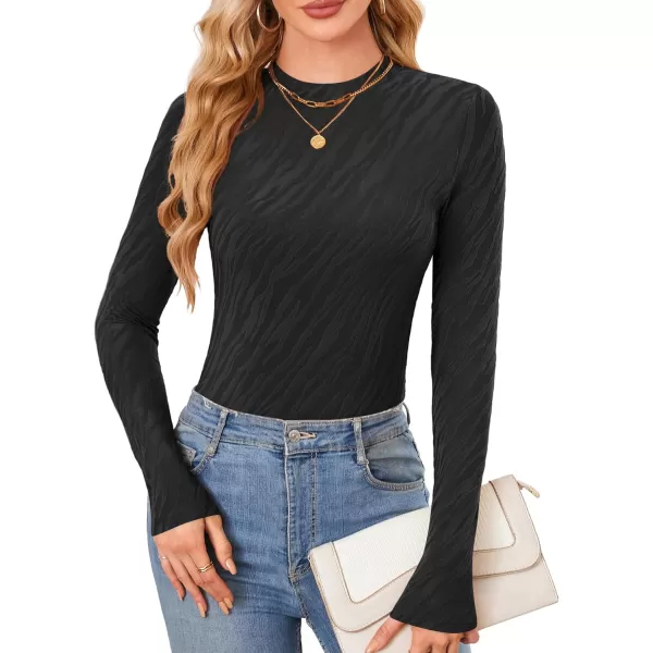 imageAmoretu Womens Long Sleeve Shirts Fall Casual Crew Neck Tops Lightweight Layer Fashion Textured TshirtsBlack