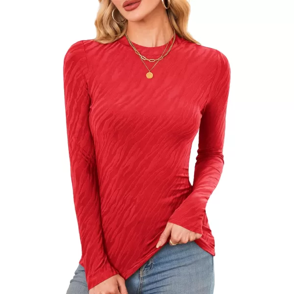 imageAmoretu Womens Long Sleeve Shirts Fall Casual Crew Neck Tops Lightweight Layer Fashion Textured TshirtsRed