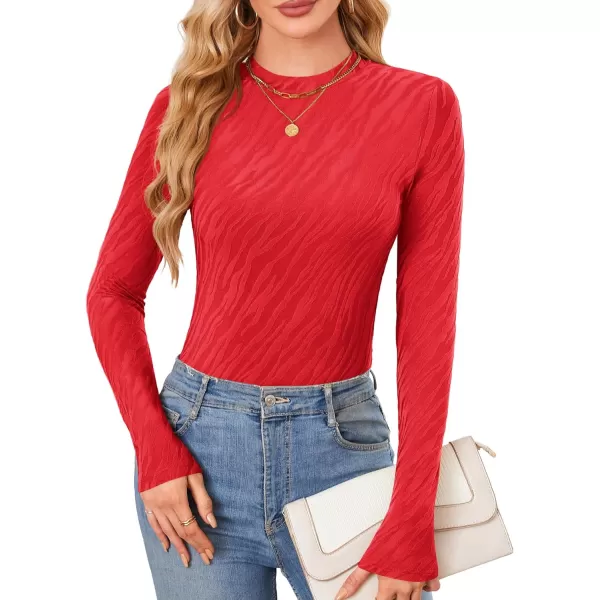 imageAmoretu Womens Long Sleeve Shirts Fall Casual Crew Neck Tops Lightweight Layer Fashion Textured TshirtsRed