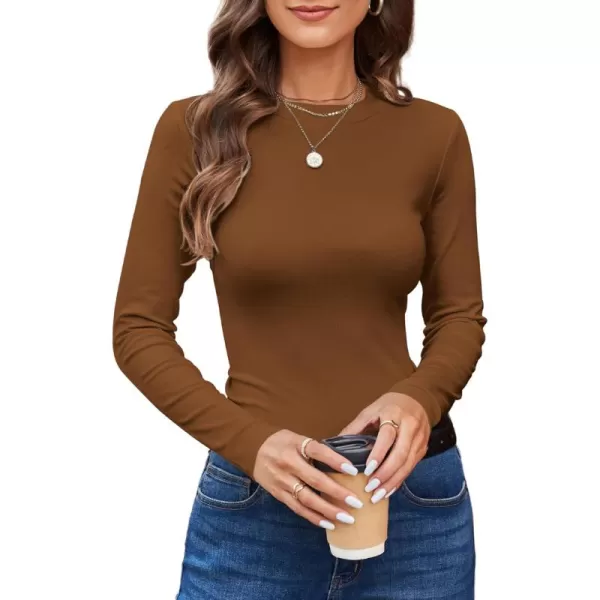 imageAmoretu Womens Long Sleeve Basic Shirts Fall Casual Crewneck Slim Fit Tops TeesBrown