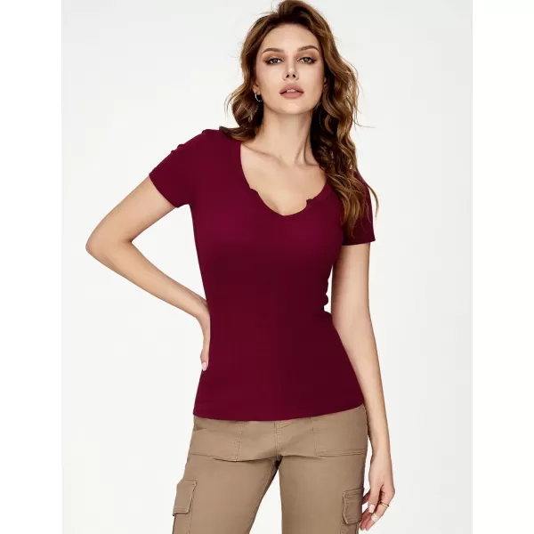 imageAmoretu Womens Boat Neck Short Sleeve Shirts Summer Ribbed Slim Fit Tshirt Basic Top BlousesBurgundy