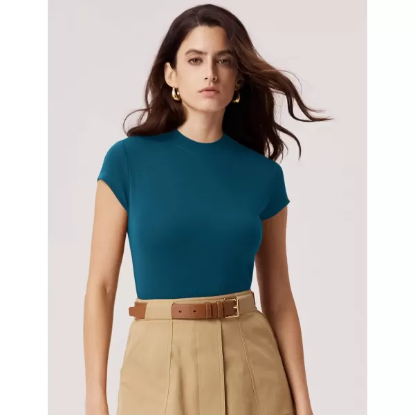 imageAmoretu Womens Boat Neck Short Sleeve Shirts Summer Ribbed Slim Fit Tshirt Basic Top BlousesPeacock Blue