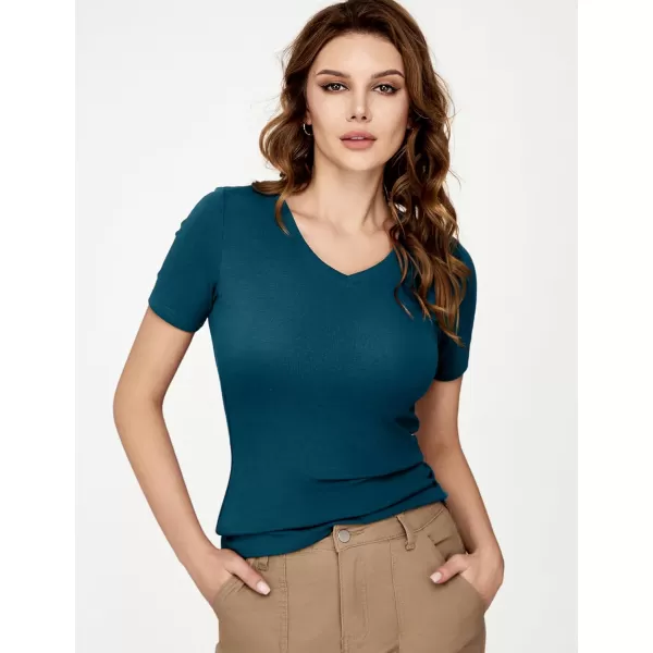 imageAmoretu Womens Boat Neck Short Sleeve Shirts Summer Ribbed Slim Fit Tshirt Basic Top BlousesTeal