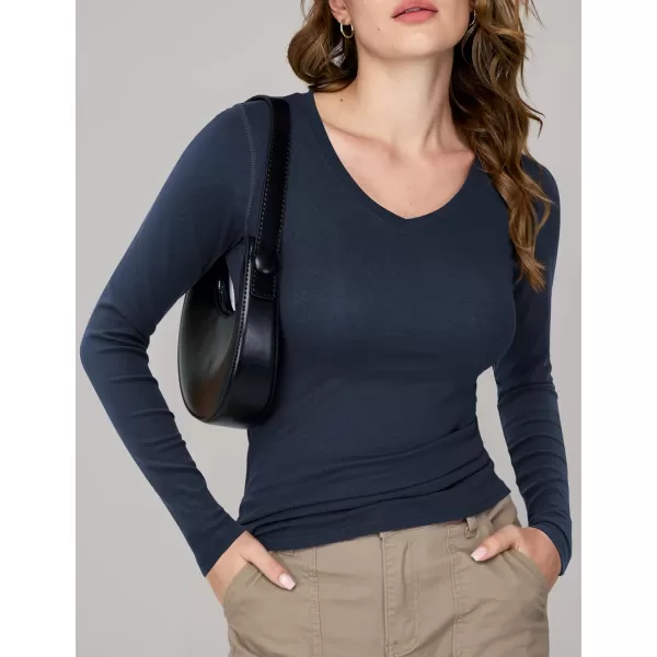 imageAmoretu Womens Fitted Long Sleeve Shirts V Neck Tshirts Basic Tee TopsNavy Blue