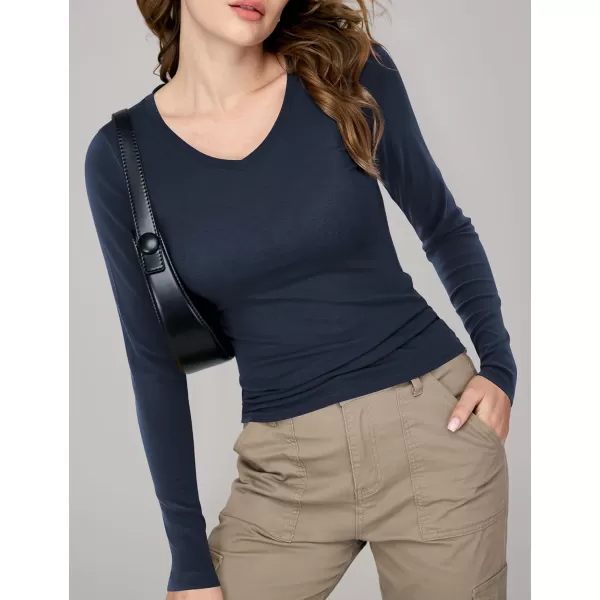 imageAmoretu Womens Fitted Long Sleeve Shirts V Neck Tshirts Basic Tee TopsNavy Blue