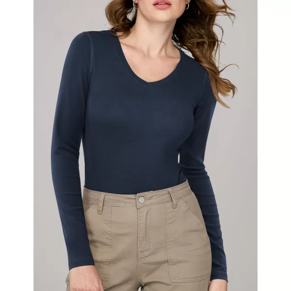 imageAmoretu Womens Fitted Long Sleeve Shirts V Neck Tshirts Basic Tee TopsNavy Blue