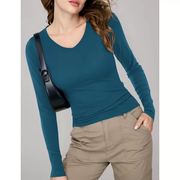 imageAmoretu Womens Fitted Long Sleeve Shirts V Neck Tshirts Basic Tee TopsPeacock Blue