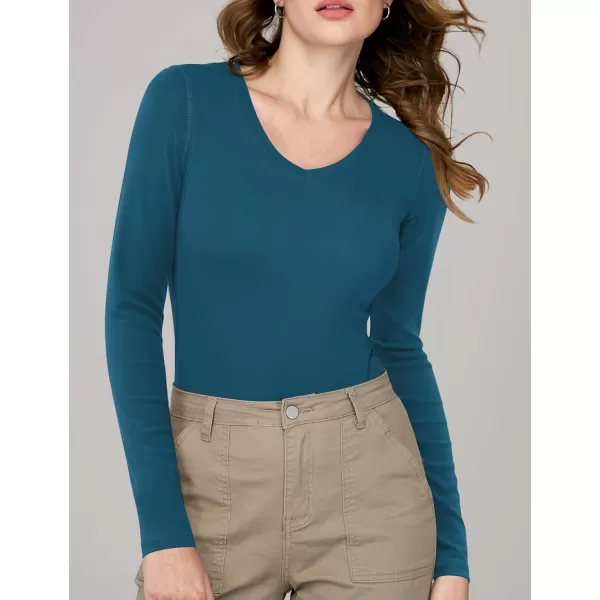 imageAmoretu Womens Fitted Long Sleeve Shirts V Neck Tshirts Basic Tee TopsPeacock Blue