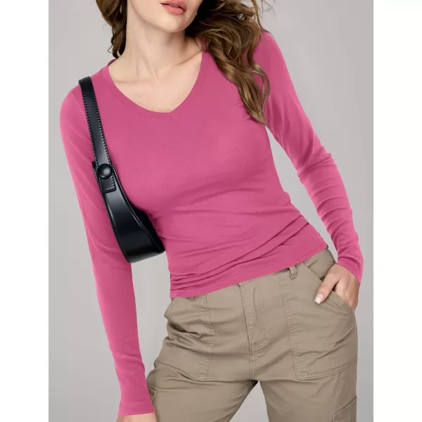imageAmoretu Womens Fitted Long Sleeve Shirts V Neck Tshirts Basic Tee TopsPink