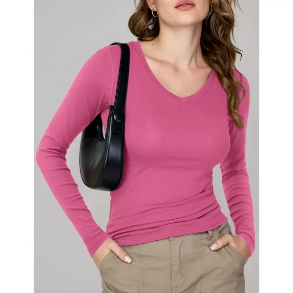 imageAmoretu Womens Fitted Long Sleeve Shirts V Neck Tshirts Basic Tee TopsPink