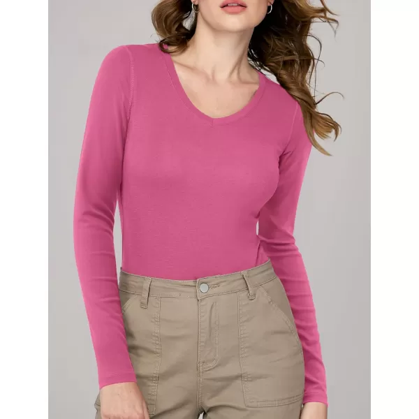imageAmoretu Womens Fitted Long Sleeve Shirts V Neck Tshirts Basic Tee TopsPink