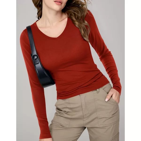 imageAmoretu Womens Fitted Long Sleeve Shirts V Neck Tshirts Basic Tee TopsRust Red