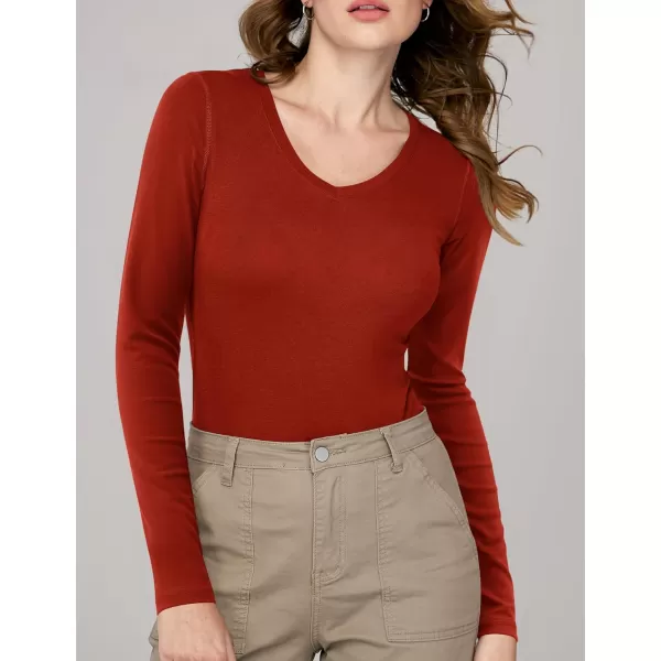 imageAmoretu Womens Fitted Long Sleeve Shirts V Neck Tshirts Basic Tee TopsRust Red