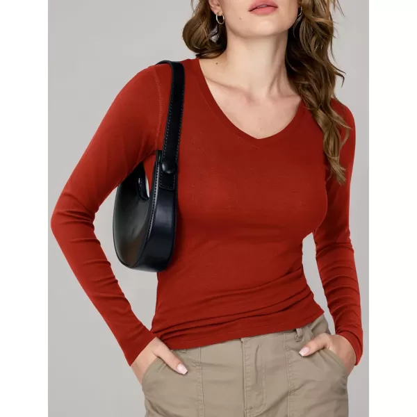 imageAmoretu Womens Fitted Long Sleeve Shirts V Neck Tshirts Basic Tee TopsRust Red