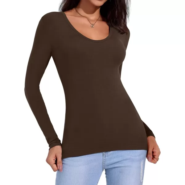 imageAmoretu Womens Long Sleeve Shirt Top V Neck Slim Fit Tshirt Basic TeeCoffee