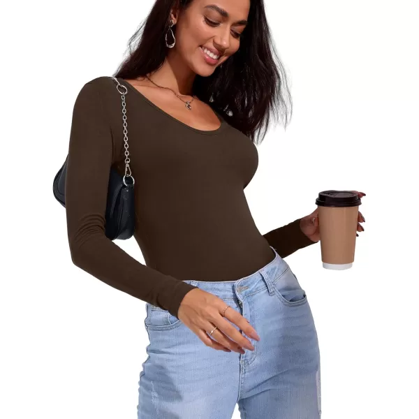 imageAmoretu Womens Long Sleeve Shirt Top V Neck Slim Fit Tshirt Basic TeeCoffee