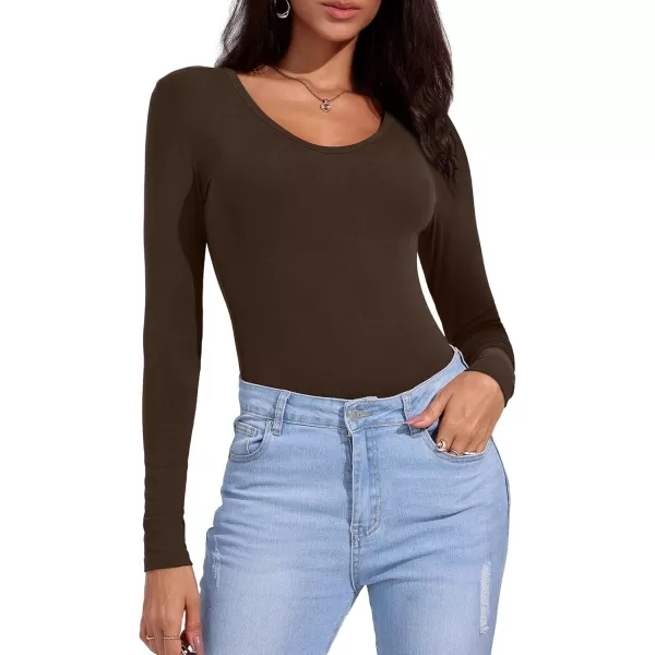 imageAmoretu Womens Long Sleeve Shirt Top V Neck Slim Fit Tshirt Basic TeeCoffee