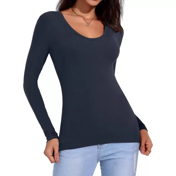 imageAmoretu Womens Long Sleeve Shirt Top V Neck Slim Fit Tshirt Basic TeeNavy Blue