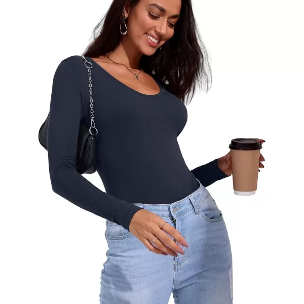 imageAmoretu Womens Long Sleeve Shirt Top V Neck Slim Fit Tshirt Basic TeeNavy Blue
