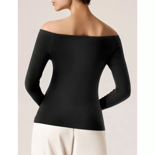 imageAmoretu Womens Long Sleeve Slim Fit T Shirts Sexy Off Shoulder Boat Neck Tops Basic TeesBlack