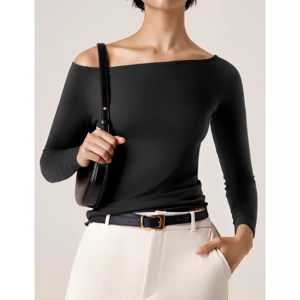 imageAmoretu Womens Long Sleeve Slim Fit T Shirts Sexy Off Shoulder Boat Neck Tops Basic TeesBlack