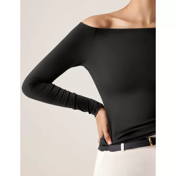 imageAmoretu Womens Long Sleeve Slim Fit T Shirts Sexy Off Shoulder Boat Neck Tops Basic TeesBlack